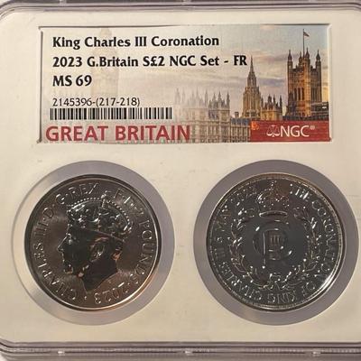 2023 U.K. 2 Pound Silver King Charles Britannia & Coronation 2pc Coin Set NGC MS69 Graded as Pictured.