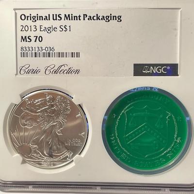 Curio Collection NGC 2013 MS70 Silver Eagle Dollar Original US Mint Packaging RARE as Pictured.