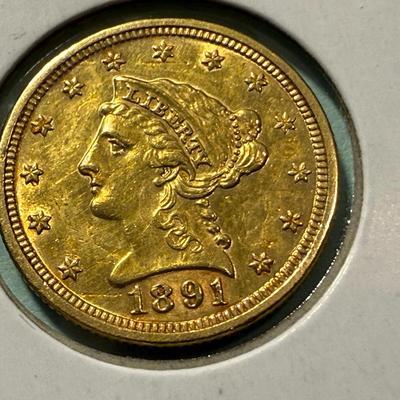 1891 Double Die Reverse AU Condition/Cleaned QUARTER Eagle Gold 2.50 as Pictured.