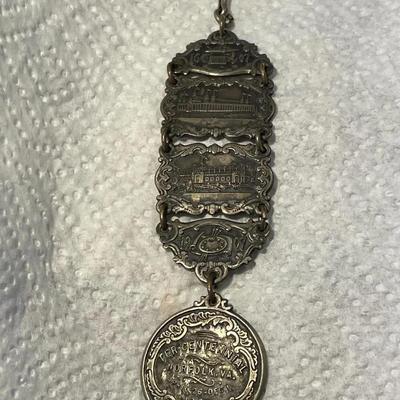 ANTIQUE 1607/1907 JAMESTOWN Ter-Centennial Exposition Silver Watch Fob in Good Preowned Condition.