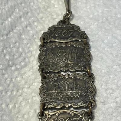 ANTIQUE 1607/1907 JAMESTOWN Ter-Centennial Exposition Silver Watch Fob in Good Preowned Condition.