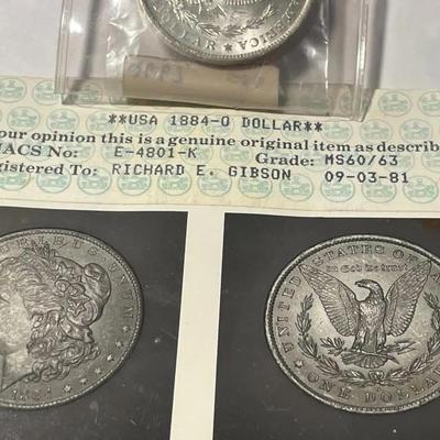 Vintage ANACS Old School Photo Grade 1884-O Uncirculated Morgan Silver Dollar as Pictured.