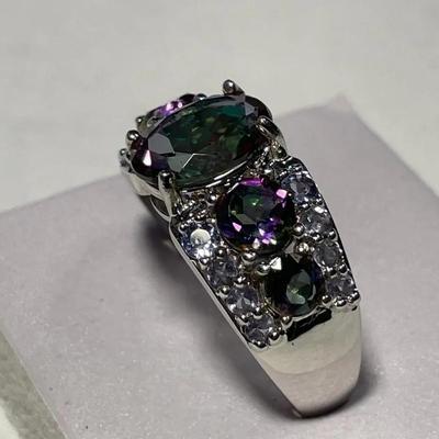 New Never Worn .925 Sterling Silver Designer Iridescent Colored Stone Band Ring Size-8.75 as Pictured.