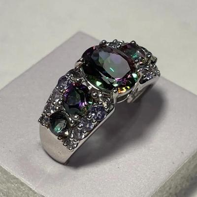 New Never Worn .925 Sterling Silver Designer Iridescent Colored Stone Band Ring Size-8.75 as Pictured.