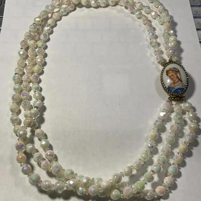 Vintage Triple Strand Pearlescence Crystal Bead Necklace 23.5" w/Florenza Limoges Hand Painted Portrait Cameo Clasp in VG Preowned...