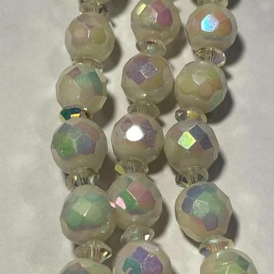 Vintage Triple Strand Pearlescence Crystal Bead Necklace 23.5" w/Florenza Limoges Hand Painted Portrait Cameo Clasp in VG Preowned...
