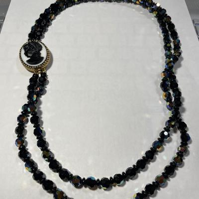 Vintage Double Strand Black Crystal Bead Necklace 24" Long w/Cameo Clasp in VG Preowned Condition as Pic'd.