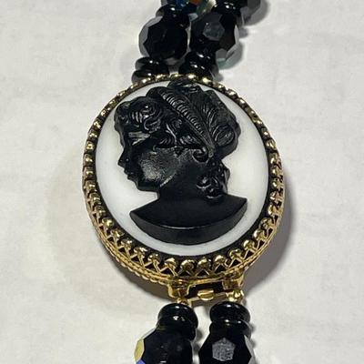 Vintage Double Strand Black Crystal Bead Necklace 24" Long w/Cameo Clasp in VG Preowned Condition as Pic'd.