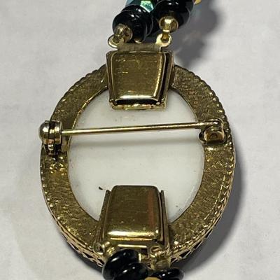 Vintage Double Strand Black Crystal Bead Necklace 24" Long w/Cameo Clasp in VG Preowned Condition as Pic'd.