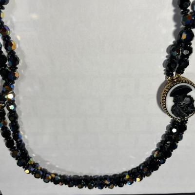 Vintage Double Strand Black Crystal Bead Necklace 24" Long w/Cameo Clasp in VG Preowned Condition as Pic'd.