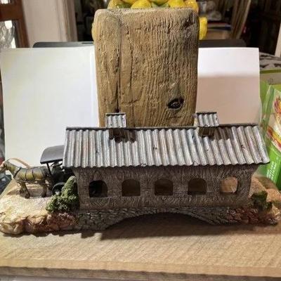 Vintage Amish Wood & Resin Hand Made Horse Buggy/Covered Bridge Scene 10.50" x 15.50" on Repurposed Wood as Pic'd.