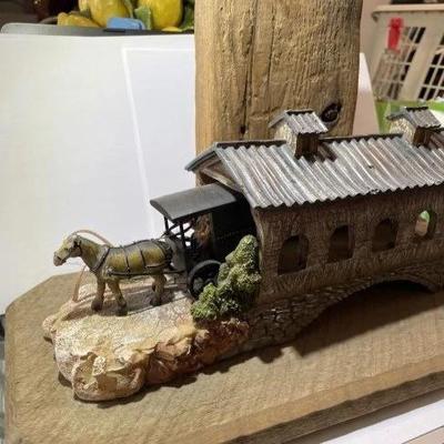 Vintage Amish Wood & Resin Hand Made Horse Buggy/Covered Bridge Scene 10.50" x 15.50" on Repurposed Wood as Pic'd.