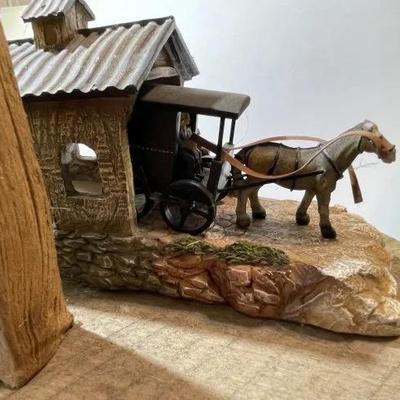 Vintage Amish Wood & Resin Hand Made Horse Buggy/Covered Bridge Scene 10.50" x 15.50" on Repurposed Wood as Pic'd.