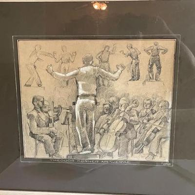 LOUIS H. VERNON (Artist) Charcoal/Drawing of Conductor & Orchestra 23" x 26" in Good Preowned Condition.
