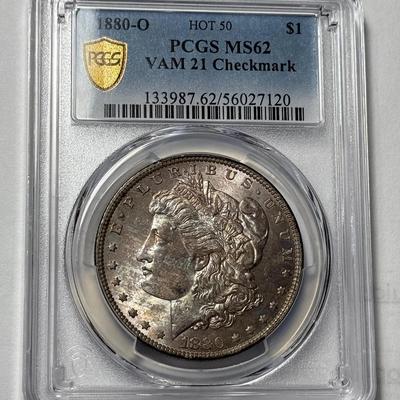 PCGS Certified 1880-O MS62 "HOT-50" Vam-21 Checkmark Graded Morgan Silver Dollar as Pictured.