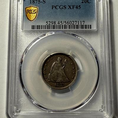PCGS Certified 1875-S XF45 100% Graded Twenty Cent Piece Type Coin.