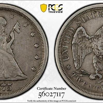 PCGS Certified 1875-S XF45 100% Graded Twenty Cent Piece Type Coin.