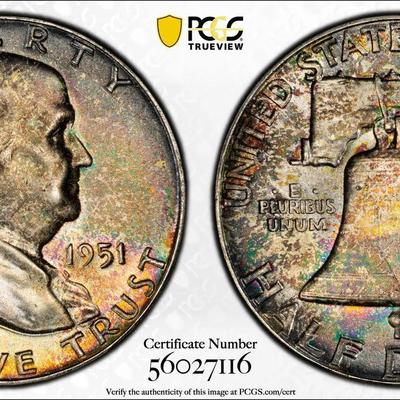 PCGS Certified 1951-P MS65 100% Toned Colorful Franklin Silver Half Dollar.