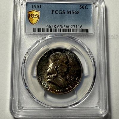 PCGS Certified 1951-P MS65 100% Toned Colorful Franklin Silver Half Dollar.