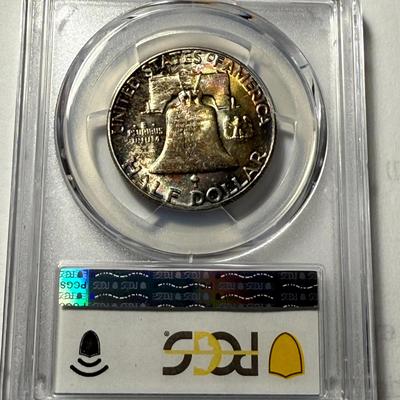 PCGS Certified 1951-P MS65 100% Toned Colorful Franklin Silver Half Dollar.
