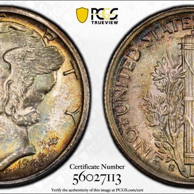 PCGS Certified 1945-S MS67+ Graded Superbly Toned Mercury Silver Dime as Pictured.