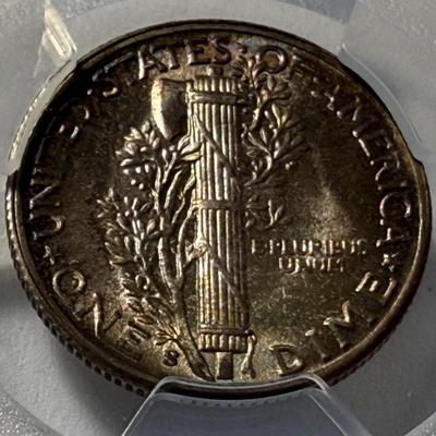 PCGS Certified 1945-S MS67+ Graded Superbly Toned Mercury Silver Dime as Pictured.