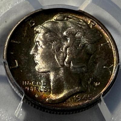 PCGS Certified 1945-S MS67+ Graded Superbly Toned Mercury Silver Dime as Pictured.