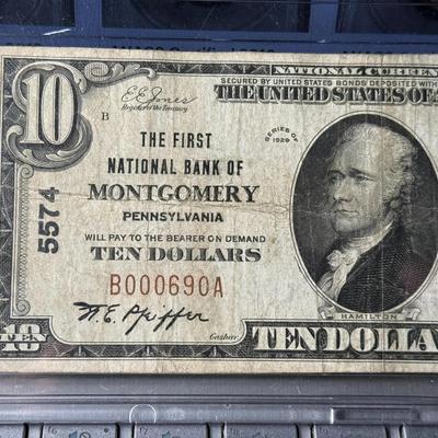 The First National Bank of Montgomery, Pennsylvania 1929 National Currency Charter #5574 in Circulated Condition as Pictured.