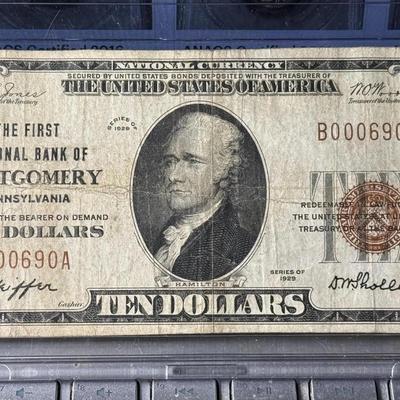 The First National Bank of Montgomery, Pennsylvania 1929 National Currency Charter #5574 in Circulated Condition as Pictured.