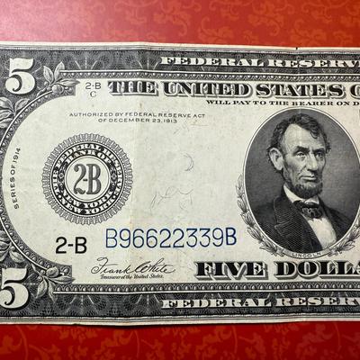 Series of 1914 Five Dollar Large Horse Blanket Federal Reserve Signed by White and Mellon in Nice Circulated Condition as Pictured.