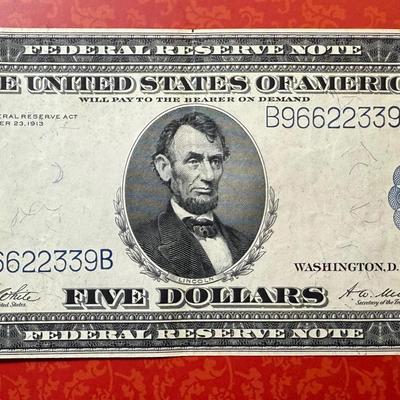 Series of 1914 Five Dollar Large Horse Blanket Federal Reserve Signed by White and Mellon in Nice Circulated Condition as Pictured.