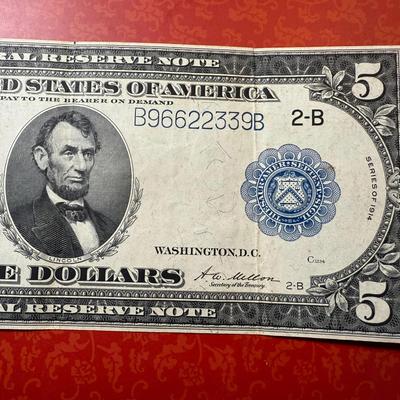 Series of 1914 Five Dollar Large Horse Blanket Federal Reserve Signed by White and Mellon in Nice Circulated Condition as Pictured.
