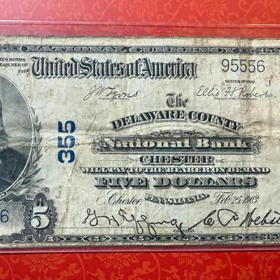 Series of 1902 $5 National Currency Delaware County National Bank Chester Pennsylvania Charter #355 in Circulated Condition.
