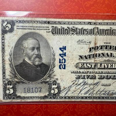 Series of 1902 Five Dollar National Currency the Potters National Bank of East Liverpool, Ohio Charter #2544 in Circulated Condition.