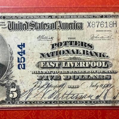 Series of 1902 Five Dollar National Currency the Potters National Bank of East Liverpool, Ohio Charter #2544 in Circulated Condition.
