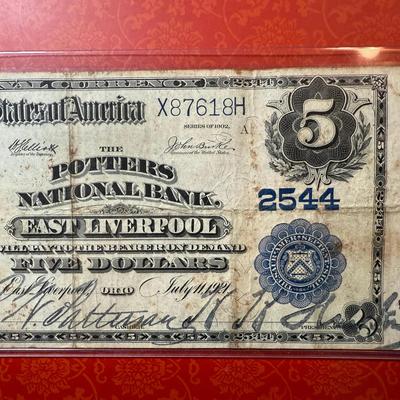 Series of 1902 Five Dollar National Currency the Potters National Bank of East Liverpool, Ohio Charter #2544 in Circulated Condition.