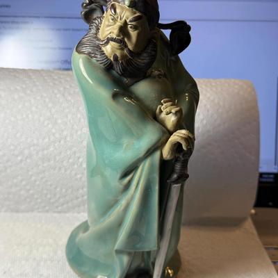 Vintage Chinese Mudmen Pottery Warrior Figurine w/Sword 7" Tall in Good Preowned Condition.