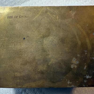 Vintage Asian Cigarette Box Center Serpentine Jadeite Stone and Hand Engraved Brass with Wood Inlay as Pictured. (3.25" X 4-1/8").