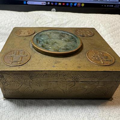 Vintage Asian Cigarette Box Center Serpentine Jadeite Stone and Hand Engraved Brass with Wood Inlay as Pictured. (3.25" X 4-1/8").