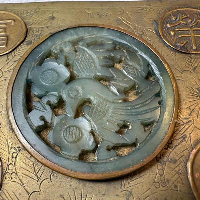 Vintage Asian Cigarette Box Center Serpentine Jadeite Stone and Hand Engraved Brass with Wood Inlay as Pictured. (3.25" X 4-1/8").