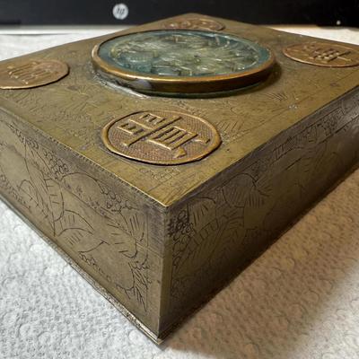 Vintage Asian Cigarette Box Center Serpentine Jadeite Stone and Hand Engraved Brass with Wood Inlay as Pictured. (3.25" X 4-1/8").