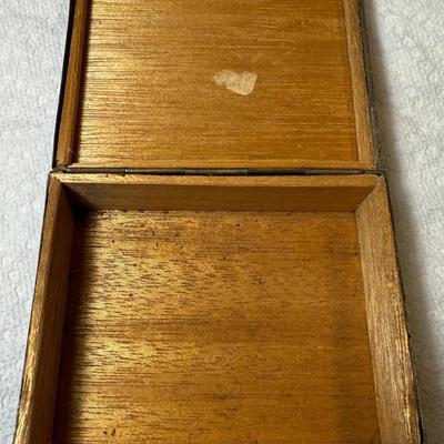 Vintage Asian Cigarette Box Center Serpentine Jadeite Stone and Hand Engraved Brass with Wood Inlay as Pictured. (3.25" X 4-1/8").