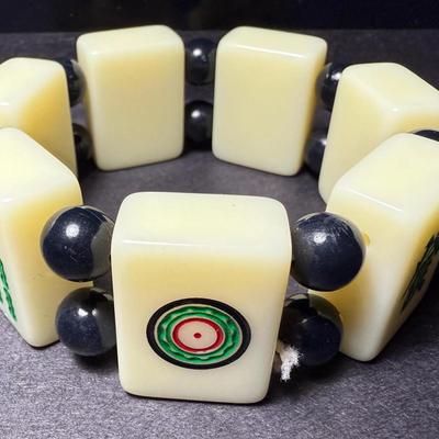 Vintage Chinese/Asian Mahjong Seven Tiles Stretch Bracelet in VG Preowned Condition as Pictured. (Approx. 1" Wide)