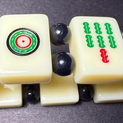 Vintage Chinese/Asian Mahjong Seven Tiles Stretch Bracelet in VG Preowned Condition as Pictured. (Approx. 1" Wide)