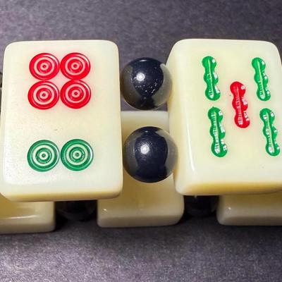 Vintage Chinese/Asian Mahjong Seven Tiles Stretch Bracelet in VG Preowned Condition as Pictured. (Approx. 1" Wide)