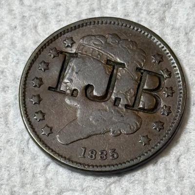 1835 I.J.B Counter-stamped Classic Head Half Cent Coin as Pictured.