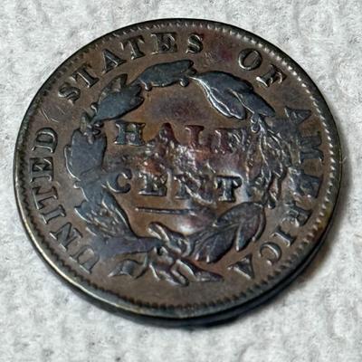1835 I.J.B Counter-stamped Classic Head Half Cent Coin as Pictured.