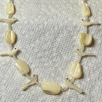 Vintage Native American Style Dainty Fetish Bird Mother of Pearl Bead 16" Necklace in New Never Used Condition.