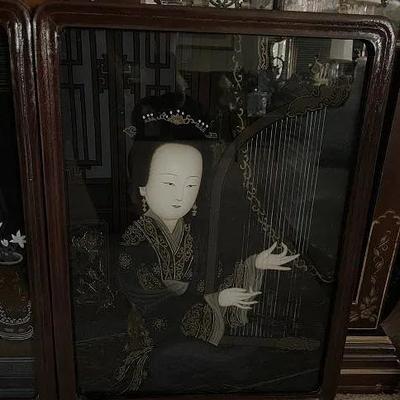 Antique Chinese Pair of Reverse Paintings on Glass 17" x 23" in VG Preowned Condition from an Estate Cleanout.