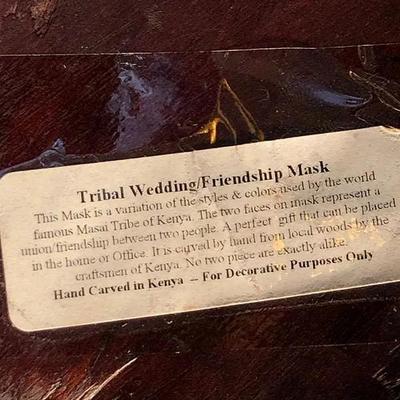 Made in Kenya Carved Wooden Wedding / Friendship Mask Wall Hanger Preowned from an Estate 17” x 7”.